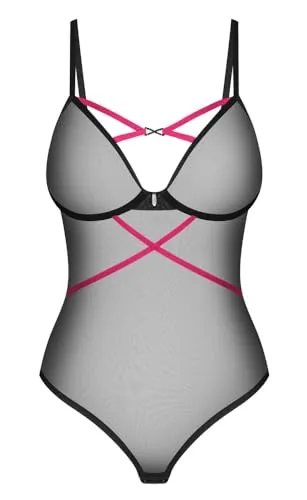 Obsessive Novenes Erotische Body, Schwarz, XS/S - Erotische Bodys aus transparentem Powernet, mit schönem Strasselement im Dekolleté und verstellbaren Trägern für optimalen Tragekomfort.