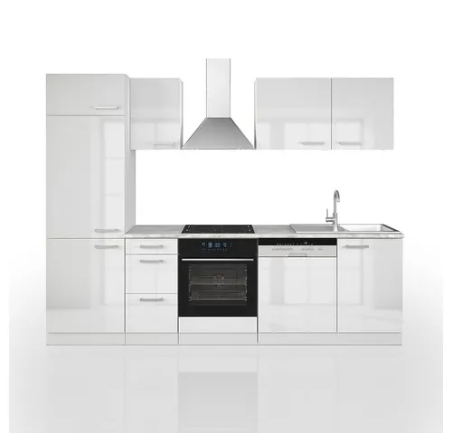 Vicco Küche 270 cm Küchenzeile - Hochglanz Einbauküche - Küchenzeilen in Weiß Hochglanz, kratzerresistent und pflegeleicht, ideal für moderne Küchen mit erstklassiger Verarbeitung.