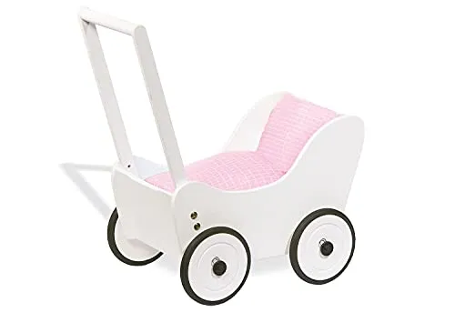 Pinolino Puppenwagen Maria, Holz mit Bremssystem - Puppenwagen für Kinder von 1-6 Jahren, mit stufenlos einstellbarem Bremssystem und gummierten Holzrädern für sicheres Laufen lernen.