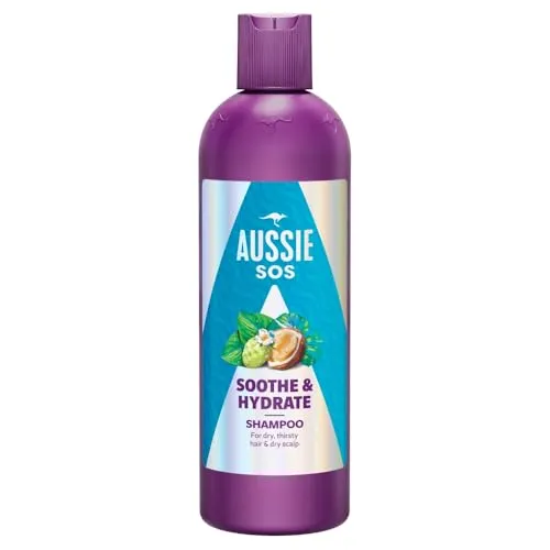 Aussie SOS Soothe & Hydrate Shampoo 300 ml für sehr trockenes Haar und Kopfhaut, spendet intensiv Feuchtigkeit für Haar und Kopfhaut. Macht das Haar weich, glatt und glänzend von der Wurzel bis zu den