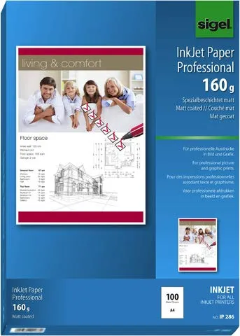 Sigel Inkjet-Papier IP 286 Professional A4, 160 g/m² - Fotopapier mit einseitig matt beschichteter Oberfläche, sofort trocken und wischfest. Ideal für Präsentationen und Dokumente, perfekt für alle Inkjetdrucker.