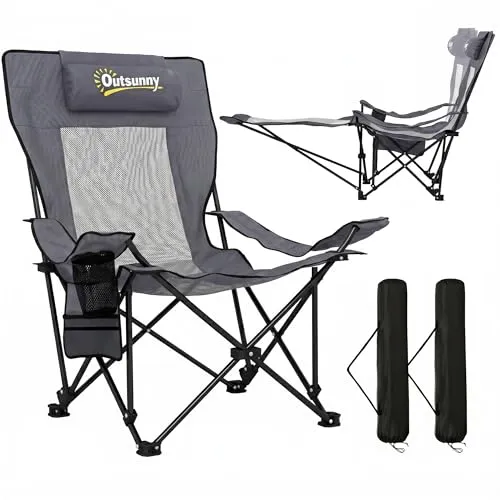 Outsunny 2er Set Campingstuhl faltbar Angelstuhl mit verstellbarer Rückenlehne Fußablage Getränkehalter Kopfstütze Gartenstuhl bis 120 kg Liegestuhl für Erwachsene Klappstuhl Strandstuhl Campingstühle