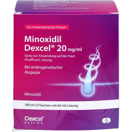 Minoxidil Dexcel 20 mg/ml Spray zur Anwendung auf der Kopfhaut, 3X60 ml - Arzneimittel zur Behandlung von Haarausfall, fördert das Haarwachstum und ist einfach anzuwenden.
