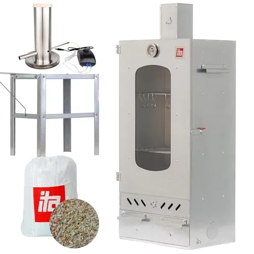 ITA Räucherofen 7012 - Smoker Set mit Rauchgenerator und Tisch - Smoker für Fleisch, Fisch & Gemüse, mit Sichtfenster, Kaminabzug und 3 Etagen für komfortables Räuchern. Hochwertiger, korrosionsbeständiger Stahl für lange Lebensdauer.