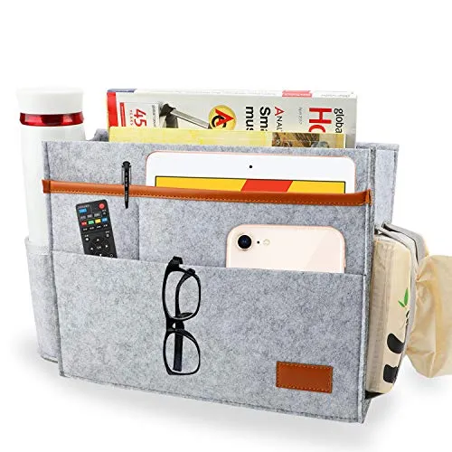 Dicker Filz Betttasche, Hängeaufbewahrung Caddy Storage Organizer Aufbewahrungstasche mit 5 Tiefen Tasche für Buch, Tablet, Tasse, Ipad und Fernbedienung Perfekt für Hochbett, Babybett, Sofa(Grau)