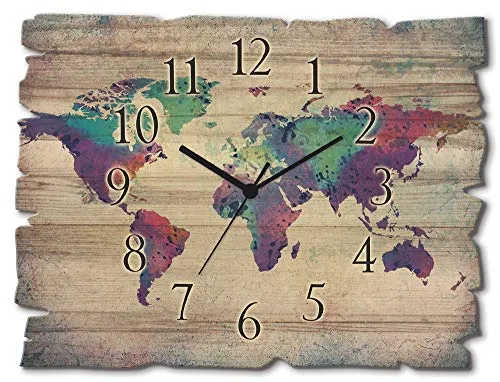 ARTLAND Wanduhr Weltkarte - Lautlose Holz Funk Uhr 40x30 cm - Wandaccessoire im Shabby Chic Look aus 6mm Naturholz, geräuschloses Uhrwerk, ideal für Wohnzimmer, Schlafzimmer oder Büro. Made in Germany, perfekt für eine stilvolle Wandgestaltung.