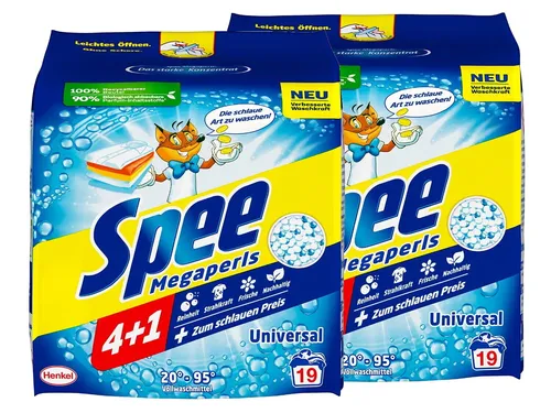 Spee Megaperls Universal Waschpulver 4 + 1 38 WL (2 x 19 Waschladungen), Vollwaschmittel mit 4 + 1 Formel vereint Reinheit, Strahlkraft, Frische & Nachhaltigkeit, 20° - 95° C