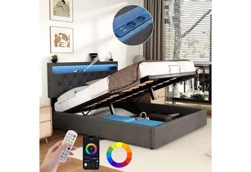 oyajia Polsterbett Doppelbett mit Steckdosen & LED Beleuchtung,Hydraulischem Stauraum (Funktionbett mit Hydraulikstange,Tragfähigkeit: 365kg, Strapazierfähig,Metallrahmen), Bettgestell mit Lattenrost,Leinenmaterial Polsterbett, ohne matratze