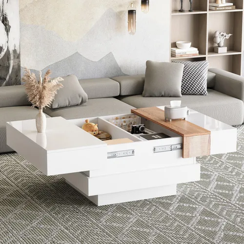 STILVORA Couchtisch mit ausziehbarer Tischplatte,Kaffeetisch mit verstecktem Stauraum und Trennwänden,Quadratischer Sofatisch,weiß+Holzfarbe