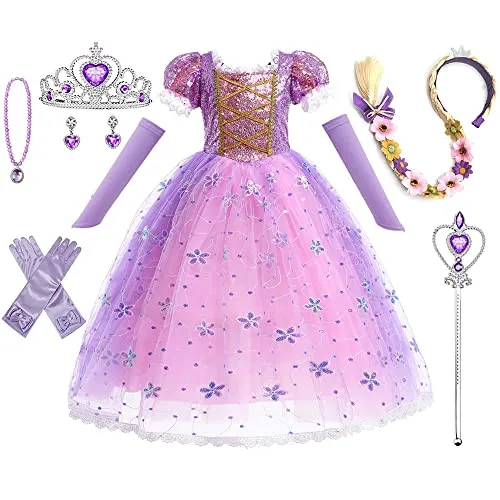HEYOUTH 8-teiliges Prinzessinnenkleid Set für Mädchen, Karneval Kostüm, Eiskönigin, Zauberstab, Krone, Zubehör, für Weihnachten, Halloween, Party (110 cm, 2-11 Jahre, Violett)