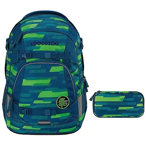 coocazoo MATE Schulrucksack-Set 2tlg (Lime Stripe) - Ergonomisch und individuell - Schulranzen Set mit 30 Litern Stauraum und ergonomischem Tragekomfort. Austauschbare Klett-Patches für individuelle Gestaltung und hohe Sichtbarkeit durch Reflektoren und LED-Lichtbefestigung.