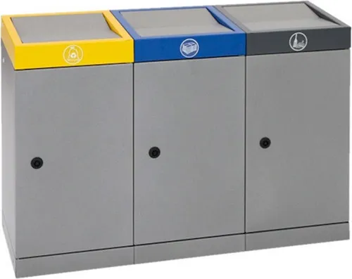 Abfallsammler ProTec Plus mit Doppel-Schwingdeckel | 3x70 Liter | Graualu/Signalgelb/Enzianblau - Praktische 3-fach Abfalltrennung für effiziente Müllentsorgung. Robuste verzinkte Stahlblech-Konstruktion mit berührungslosen Schwingdeckeln. Feuer- und geruchshemmend, ideal für öffentliche Bereiche.