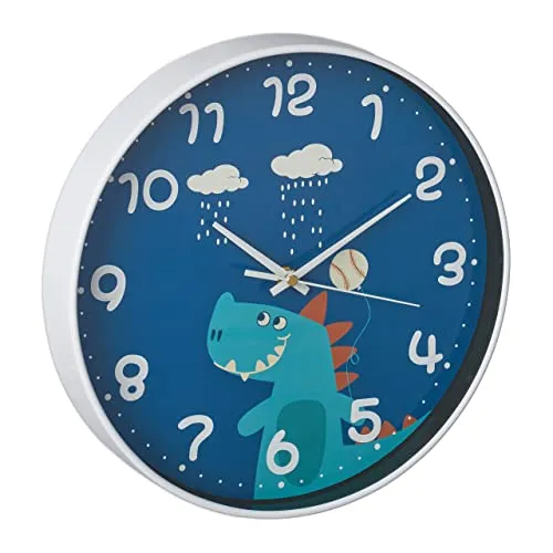 Relaxdays Wanduhr Dinosaurier, Ø 29,5 cm, Dino Uhr für Kinder, Kinderzimmeruhr Jungen & Mädchen, Kinderuhr Wand, blau