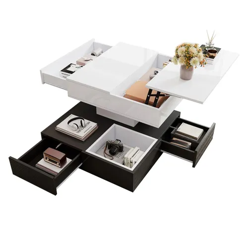 Couchtisch mit 360°drehbarer Tischplatte,Doppelschicht Sofatisch mit 3 Schubladen,Hochglanz geometrischer Kaffeetish,anhebbarer Beistelltisch