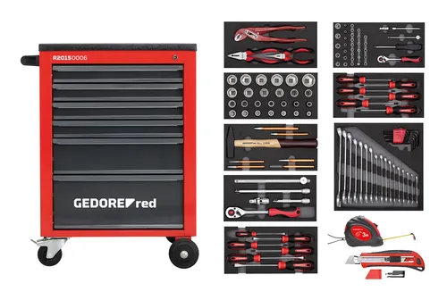 Gedore Red Werkzeugsatz im Werkstattwagen MECHANIC rot - 119-teilig - Vielseitiges Werkzeug-Set für Profis und Hobby-Handwerker, perfekt organisiert im praktischen Werkstattwagen.