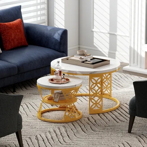 okwish Couchtisch-Set 2-teilig rund-weiß Marmor Optik – Goldene Metallbeine-Modern Wohnzimmer Tisch,weiß+Gold