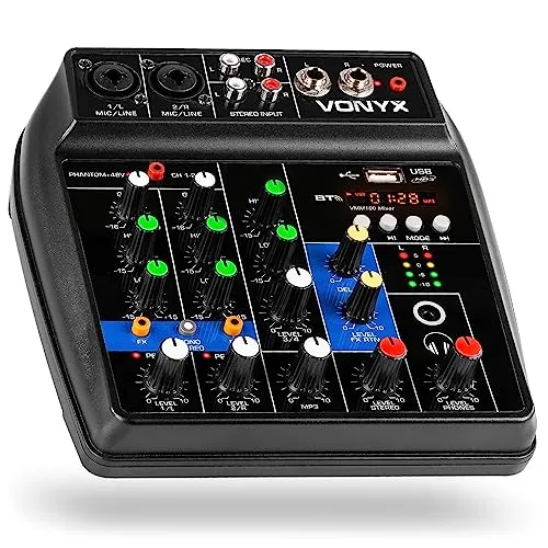 Vonyx VMM100 4-Kanal-Mixer mit Bluetooth & USB-Player - DJ Mischer mit Bluetooth-Funktion für kabelloses Streaming, ideal für Partys und mobile Einsätze dank kompakter Bauweise und 48-V-Stromversorgung.