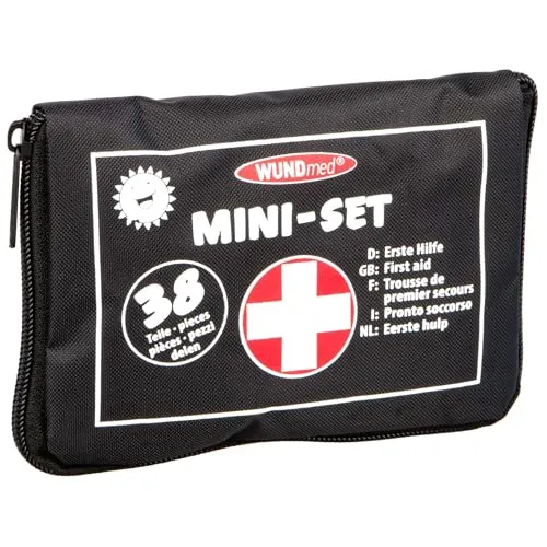 Wundmed Erste Hilfe, Notfall, Pflaster, Verband, Erste-Hilfe Kasten, Mullbinde, Verband, Pinzette, Schere, Klammern, insg. 38 Teile, 16 x 3 x 11 cm