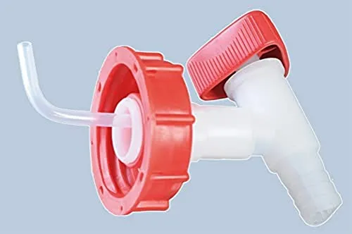 Hünersdorff, Ablasshahn für Kanister, Gewinde DIN60/61, Tülleanschluss 19mm beziehungsweise 3/4 Zoll, natur/rot