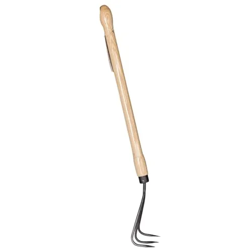 Unbekannt Krumpholz Grubber, 3 Zinken, geschmiedet, mit Eschenknopfstiel, 63 x 9 cm