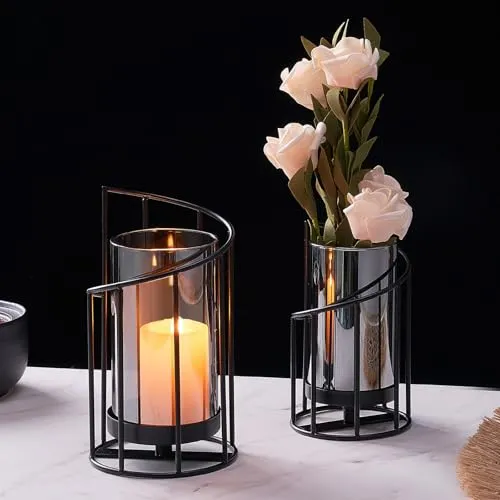 2er Set Windlicht Schwarz, Kerzenständer aus Metall mit mit Rauchglas Zylinder, Modernes Windlichter für Stumpenkerzen, Trockenblumen, Tischdeko Wohnzimmer, Garten Dekoration