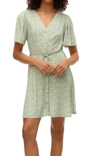 VERO MODA Vmalba Ss Short Dress WVN Ga Noos - Freizeitkleider für Damen, stilvolles kurzes Kleid mit Gürtel und V-Ausschnitt, ideal für sommerliche Anlässe und vielseitig kombinierbar.