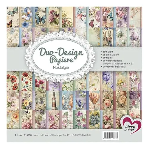 Ideen mit Herz Duo-Design-Papiere | Motiv beidseitig bedruckt | hochwertiges Dekor-Papier | Bastel-Karton | 25cm x 25cm | 250 g/m² | 100 Blatt (Nostalgie)