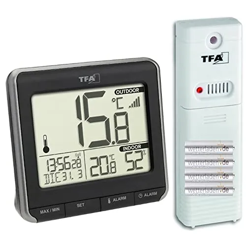 TFA Dostmann Prio Thermometer innen/aussen, 30.3069.01, digital, inkl. Außensender, mit Funkuhr, Datum, Wochentag, schwarz mit Batterien