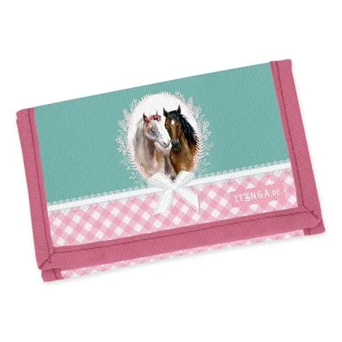 itenga Kinder Geldbörse - Geldbeutel und Brustbeutel - mit Klettverschluss, Kordelband, Geldscheinfach und Münzfach Sichtfenster für Mädchen und Jungen (Motiv Pferd)