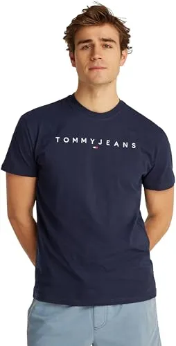 Tommy Jeans TJM Reg Linear Logo Tee EXT Herren T-Shirt, Blau - Damenmode mit lässigem Design: Dieses Kurzarm-T-Shirt aus 100% Bio-Baumwolle bietet hohen Tragekomfort und eine optimale Passform für jeden Anlass.