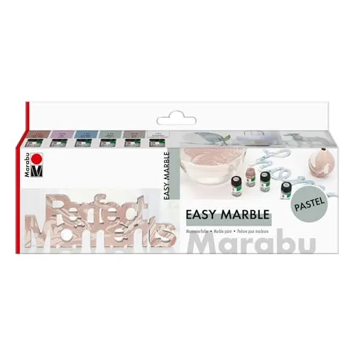 Marabu Marmorierfarbe Easy Marble Set Pastel – 6 Pastellfarben - Set mit 6 schnell trocknenden Marmorierfarben in Pastell, ideal für kreative Projekte auf verschiedenen Materialien wie Holz und Kunststoff. Einfach in der Anwendung für beeindruckende Ergebnisse.