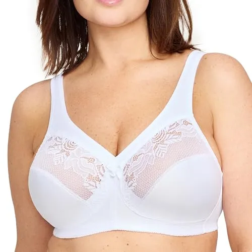 Glamorise Damen 1003 Minimizer Bra, Weiß, 115F - Funktionsunterwäsche mit MAGICLIFT-TECHNOLOGIE: Gepolstertes Band hebt und stützt ohne Bügel, verkleinert die Brust um eine Cup-Größe für optimalen Komfort.