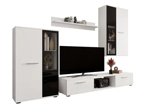 MIRJAN24 Wohnwand Salsa mit LED Beleuchtung - Moderne Wohnwand Salsa in Weiß, inklusive Vitrinen mit Glasböden und blauer LED-Beleuchtung für ein stilvolles Ambiente. Perfekt für jedes Wohnzimmer!