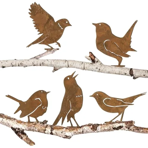 BOFUNX 5 Stück Rost Vogel Gartendeko Gartenstecker Roststecker Metall Vögel Baumstecker Rost Deko mit Schraube für Gartendekoration Frühling Bäume Deko