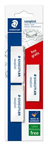 STAEDTLER 526 B20BK3P Radierer rasoplast phtalat- und latexfrei, 65 x 13 x 23 mm, 3 Stück auf Blisterkarte, 1 Stück gratis, weiß