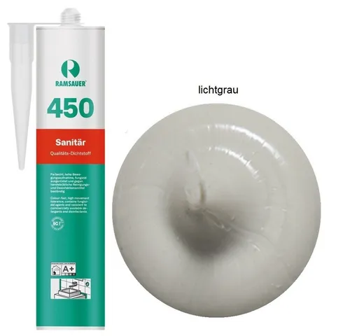 Ramsauer Dichtstoff Ramsauer 450 Sanitär Silikon Dichtstoff 310ml Kartusche lichtgrau, gebrauchsfertig, chemisch widerstandsfähig, schnellhärtend, UV-beständig, pilzhemmend
