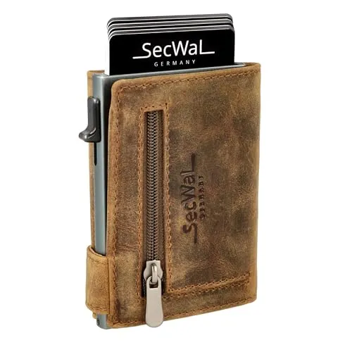SecWal Kartenetui mit Münzfach - Echtleder Geldbörse in Hunter Braun - Praktisches Kreditkartenetui mit separatem Münzfach. Aluminium-Container für schnellen Kartenzugriff und RFID-Schutz - ideal für unterwegs!