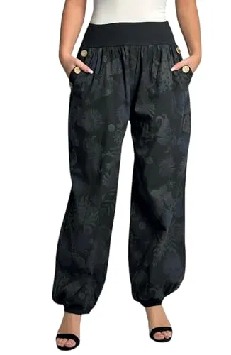 Mississhop 277 Damen Blumenprint Haremshose - Damen-Hosen in Einheitsgröße, leicht und luftig für warme Tage, mit elastischem Bund und stylischen Knopf-Leisten. Ideal für Freizeit oder elegante Looks!