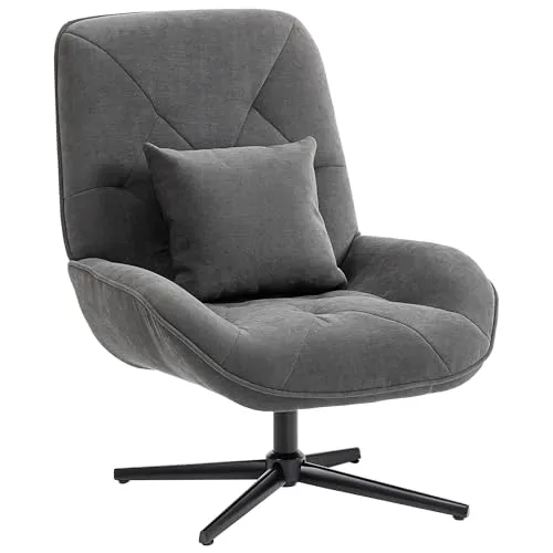HOMCOM Drehbarer Loungesessel mit Lendenkissen - Dunkelgrau - Moderner gepolsterter Relaxsessel mit 360°-Drehfunktion, hoher Rückenlehne und weichem Chenille-Stoff für maximalen Komfort im Wohnzimmer oder Schlafzimmer.