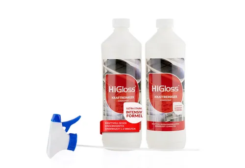 HiGloss Kraftreiniger 2x1000 ml mit Sprüher - Spezialputzmittel mit Schnellwirkformel, extrem ergiebig und kraftvoll gegen Eingebranntes und Fett – ideal für effektive Reinigung.