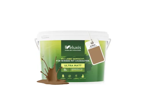 Veluxis® Wandfarbe Braun - 5 Liter, hohe Deckkraft, tropfarm & Öko Farbe - 🎨 Hochwertige matte Innenfarbe für stilvolle Räume: Ideal für Wohnzimmer, Schlafzimmer und Büros. Einfache Anwendung, geruchsarm und spritzfrei für müheloses Streichen.
