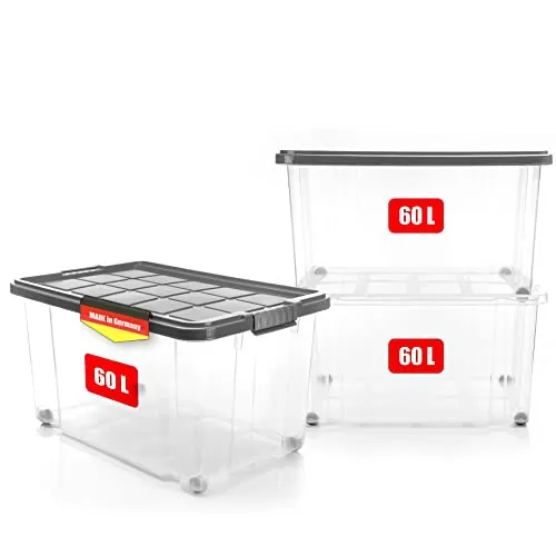 BigDean 3 Stück 60 L Aufbewahrungsbox mit Deckel groß stahlgrau - Aufbewahrungsbehälter mit Deckel, stapelbar und rollbar für einfache Handhabung, ideal zur platzsparenden Organisation im Haushalt oder Garten.