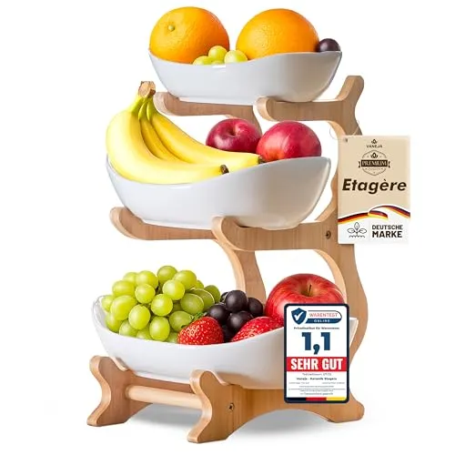 VANEJA® Obst Etagere 3 stöckig WEISS KERAMIK mit Bambusständer, Servierständer für Obst Snacks Gebäck, elegante Schalenständer Obstschale modern für Küche und Wohnzimmer
