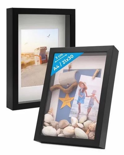 PHOTOLINI 2er Set 3D-Bilderrahmen mit Passepartout - Einzelrahmen für Objekte bis 3 cm Tiefe, ideal zum kreativen Gestalten mit Muscheln oder Erinnerungsstücken. Inklusive Schrägschnitt-Passepartout für den perfekten Fokus auf Ihr Motiv.