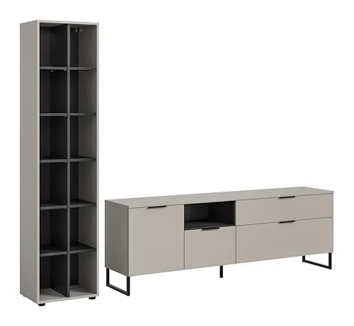 Moderne Wohnwand in Creme – 245 cm Breite - Elegante Wohnwand in Creme, ideal für Ihr Wohnzimmer. Mit hochwertigen Materialien gefertigt und großzügigen Maßen von 245 cm Breite und 192 cm Höhe. Perfekt für stilvolle Unterhaltung.