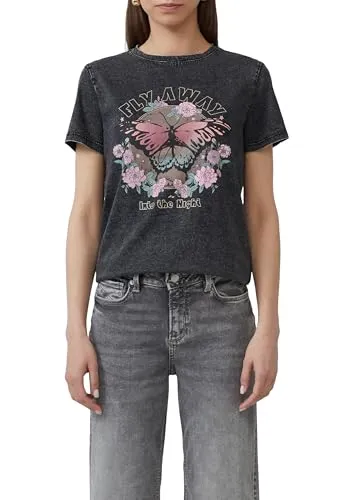 QS Baumwollshirt mit Frontprint in gewaschener Optik