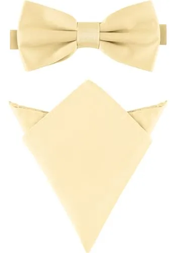 Ladeheid Herren Schmale Fliege & Einstecktuch Set M/P (12cm x 6cm, 22cm x 22cm, Ecru)