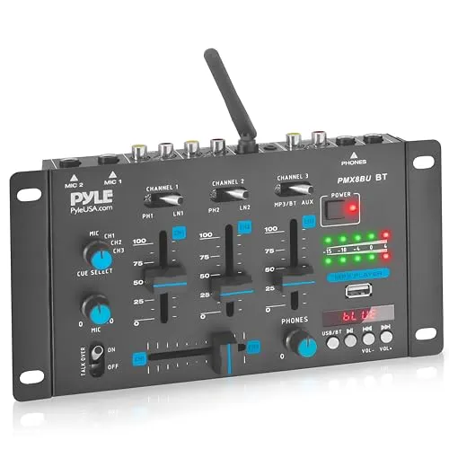 Pyle DJ Pult, 3 Kanal mit Bluetooth, USB und Aux | DJ Mischpult mit Phono/Line Eingänge, 2 Mikrofonanschlüsse, CUE-Vorhören & Crossfader – ideal für DJ-Sets, Partys und Events