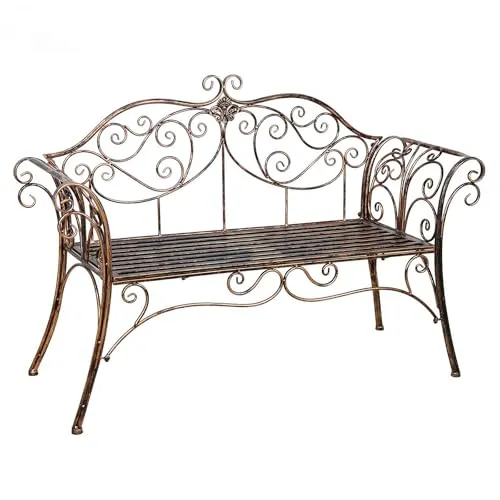 hotsizz Gartenbank wetterfeste für 2–3 Personen, Maße 133 × 90 × 49 cm, Gartenbank Metall mit Rückenlehne und Armlehnen, geeignet für Balkon, Terrasse, Garten, Veranda und Park, Messingfarbe