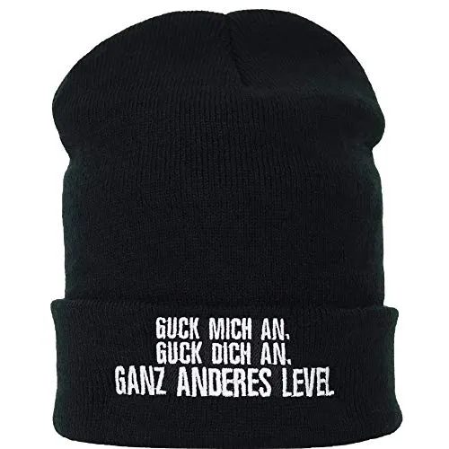 EXPRESS-STICKEREI Haube mit Spruch Guck Mich an, guck Dich an, ganz anderes Level - Beanie für Damen und Herren - Warme Wintermütze mit Spruch - Lustige Strickmütze - Unisex Wollmütze
